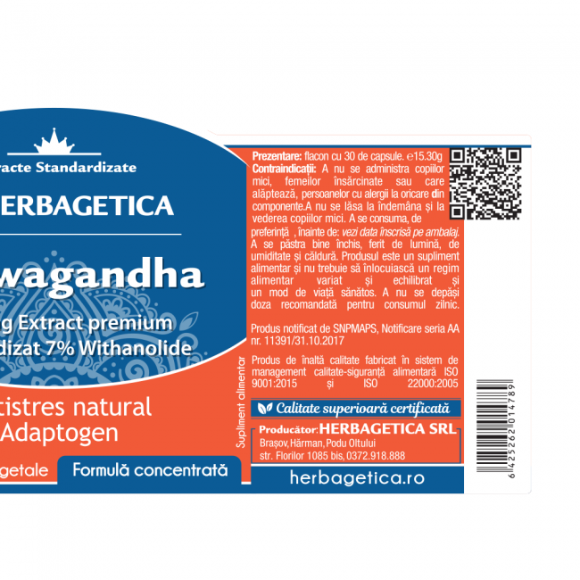 Capsule adaptogene - ASHWAGANDHA, 60 caps