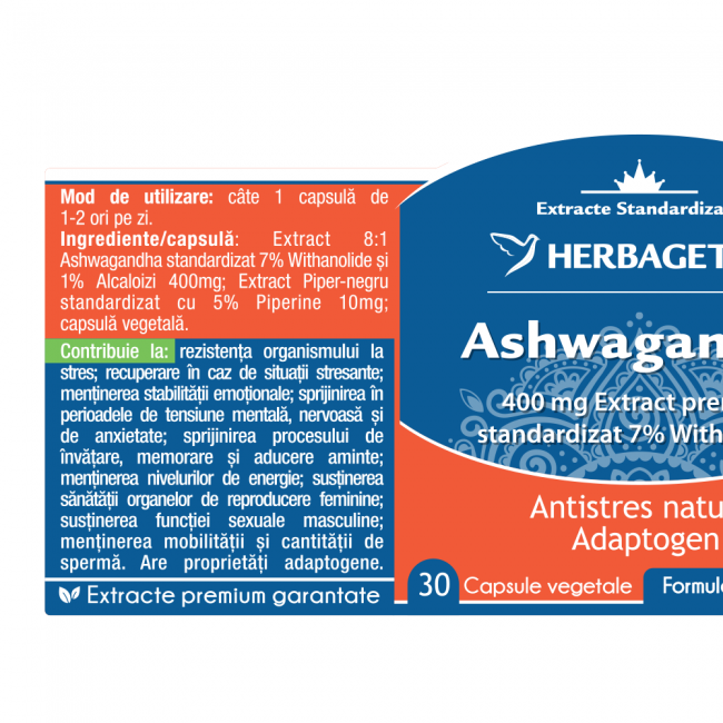 Capsule adaptogene - ASHWAGANDHA, 60 caps